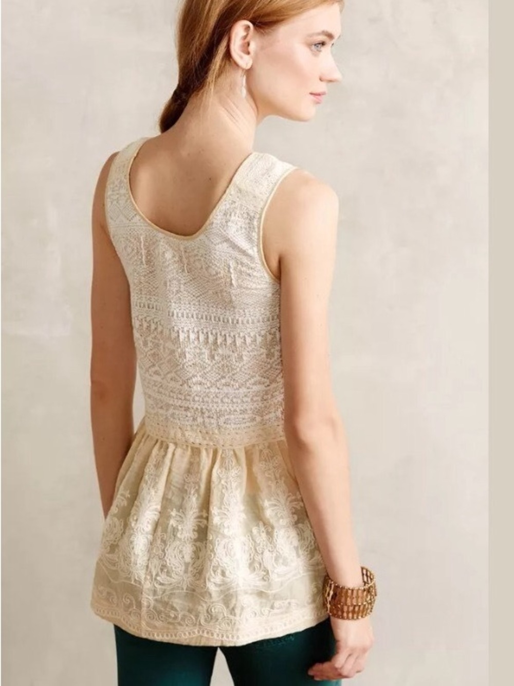 Anthropologie One September Lace Peplum Tank Top - Cream embroidered Size L NWOT